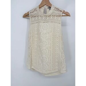 H&M Womens Sleeveless Lace Front High Neck Blouse Cream Off White XS Boho Top